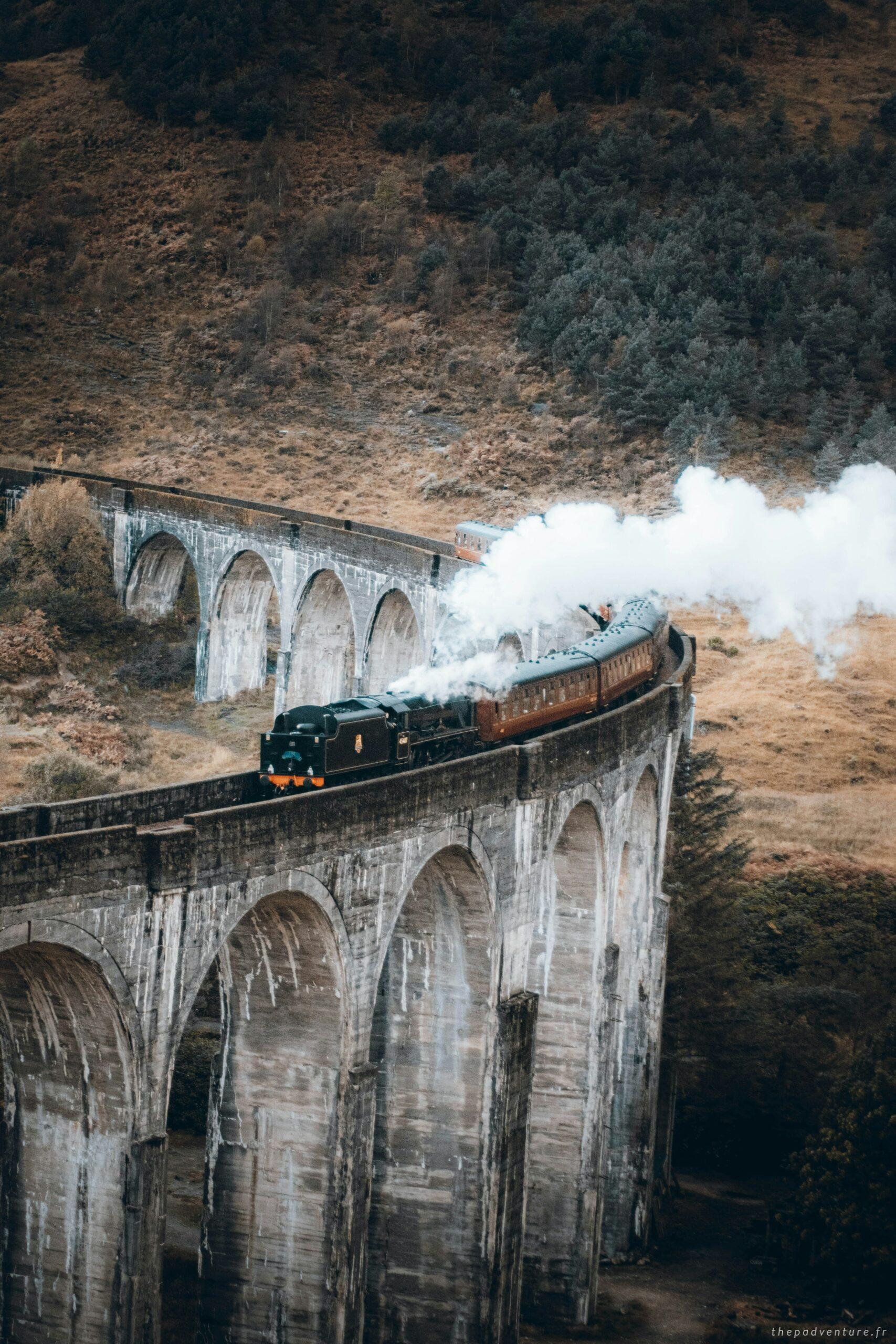 Jacobite Steam Train photographié du côté est lors de son retour sur le viaduc