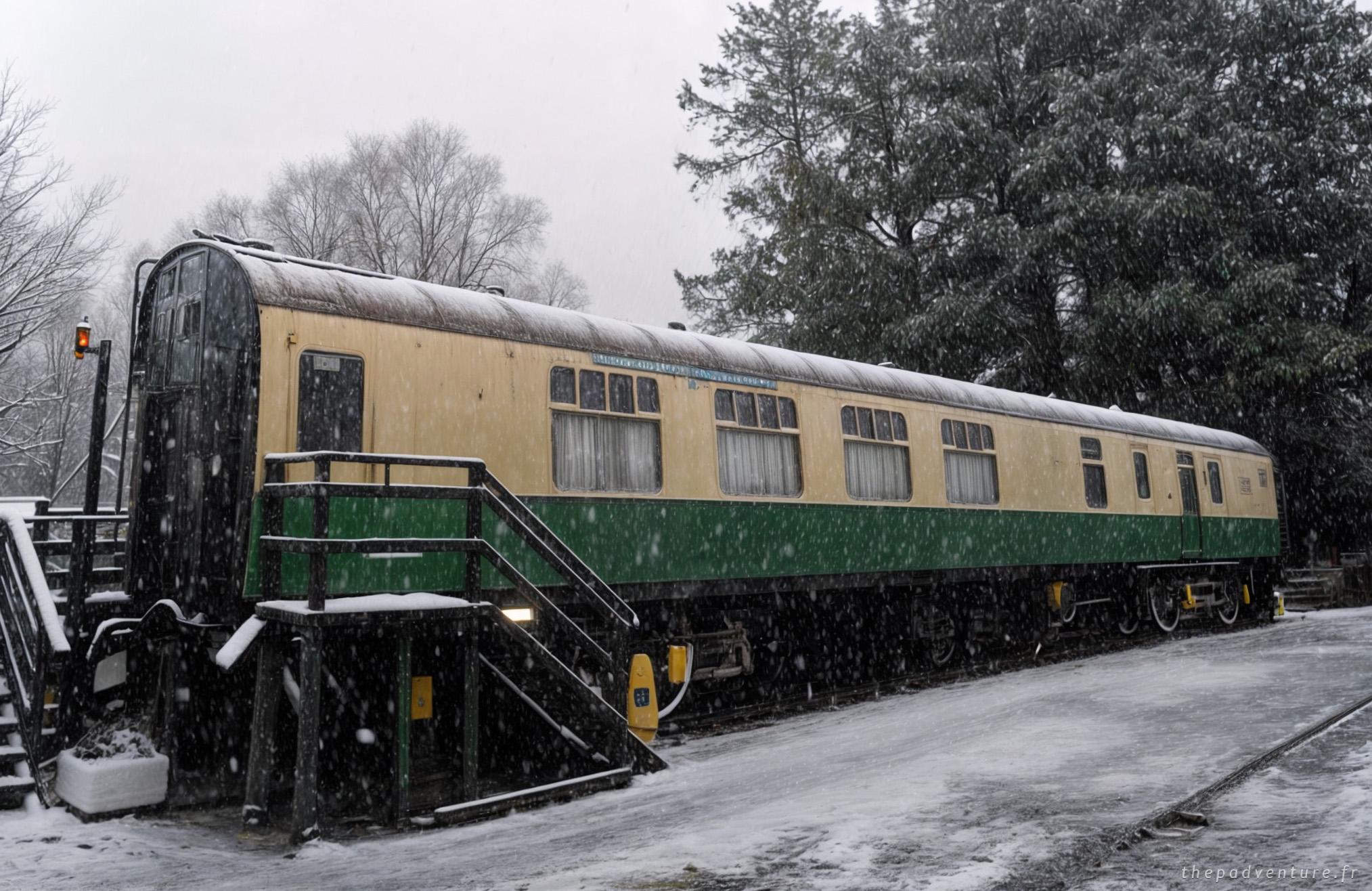 Ancien wagon-hébergement Glenfinnan Sleeping Car sous la neige