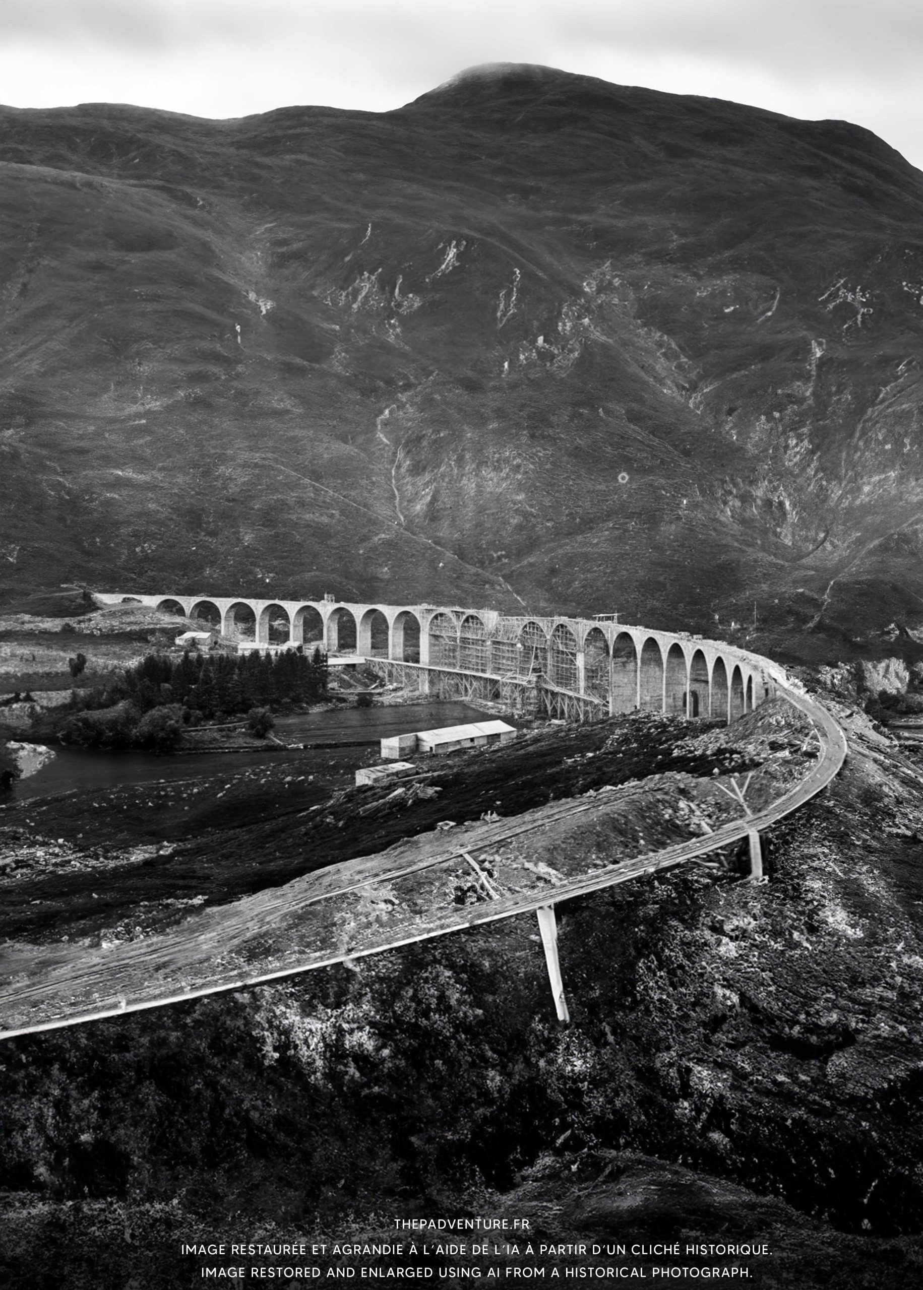 Vue historique restaurée du chantier du viaduc de Glenfinnan en 1897