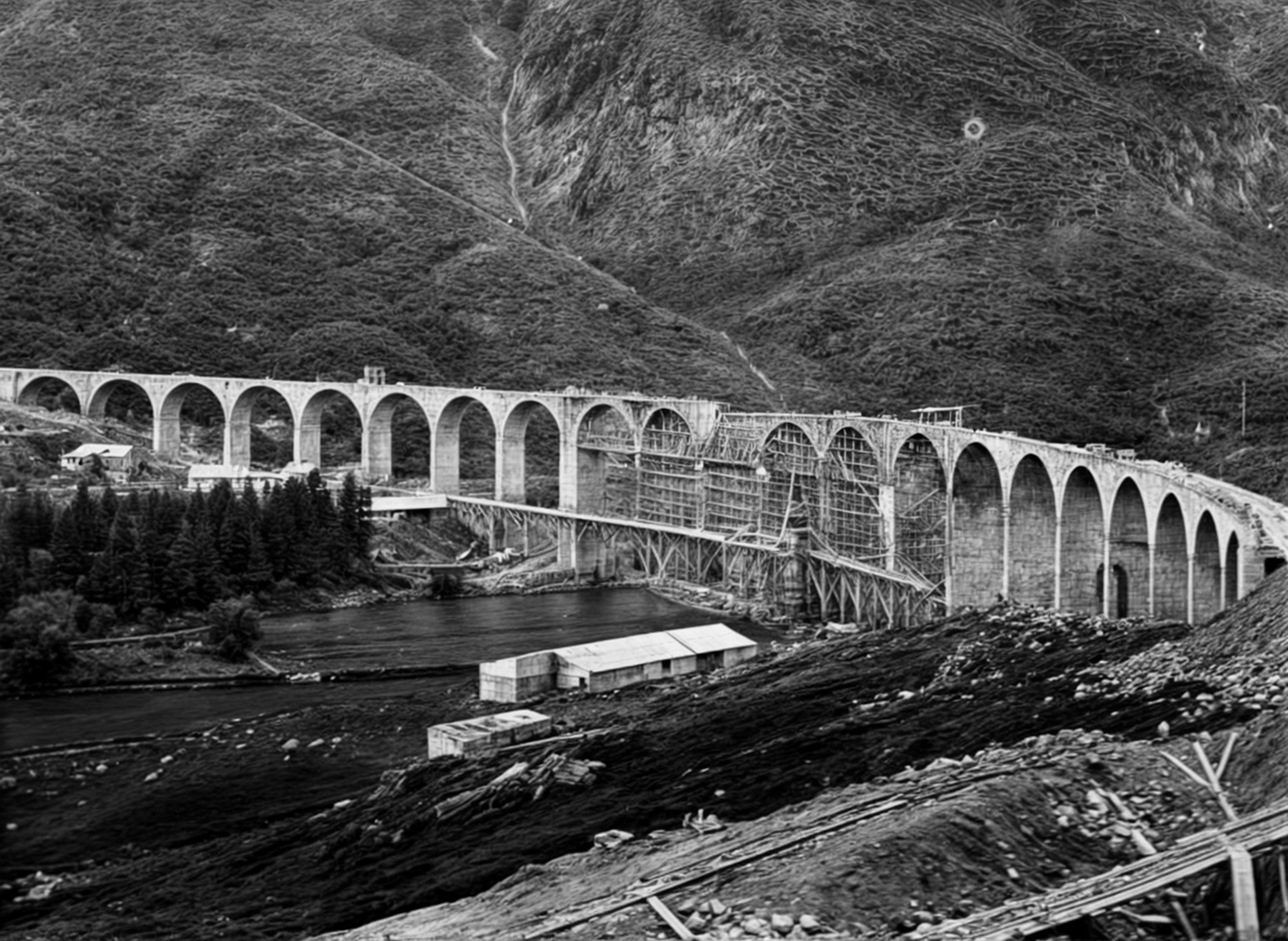Photographie historique de la construction du viaduc de Glenfinnan avec ses cintres en bois
