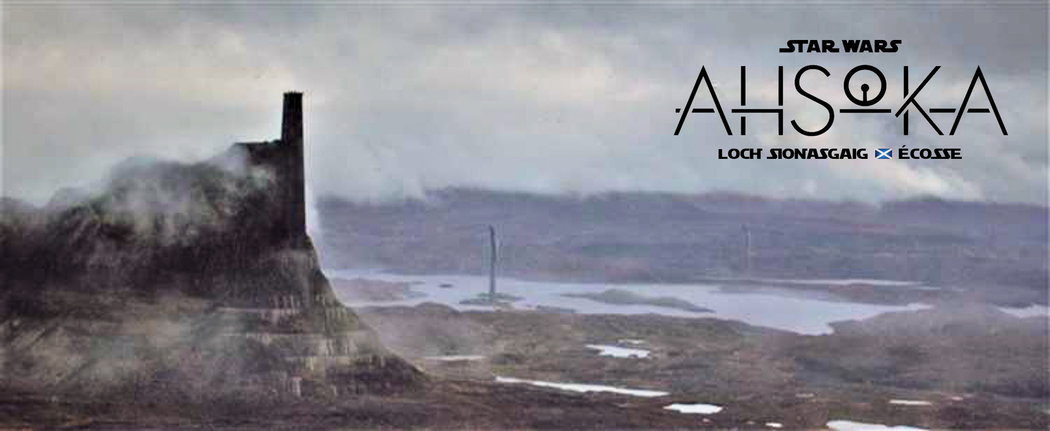Montage reliant le temple de Peridea dans Ahsoka aux rives et reliefs de Loch Sionasgaig