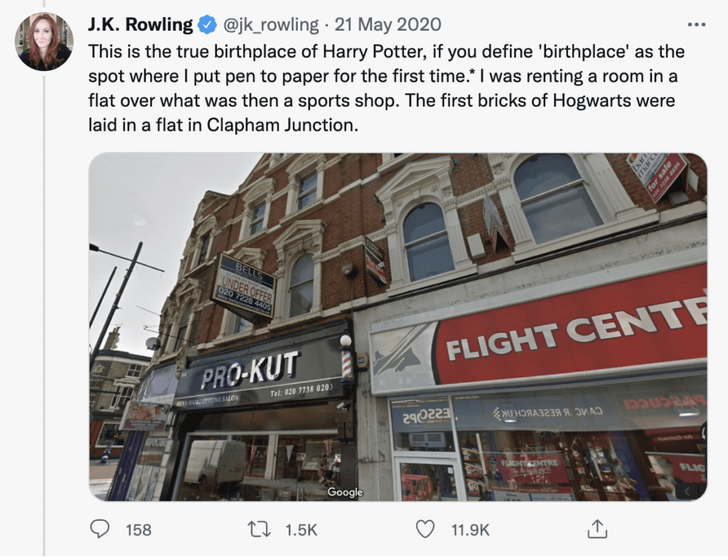 Capture d’une publication de J. K. Rowling montrant l’appartement de Clapham où elle a commencé à écrire Harry Potter