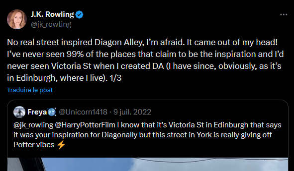 Capture d’une publication de J. K. Rowling démentant que Victoria Street ait inspiré le Chemin de Traverse