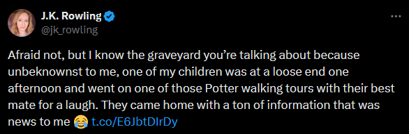 Capture d’une publication de J. K. Rowling répondant à la rumeur des tombes de Greyfriars
